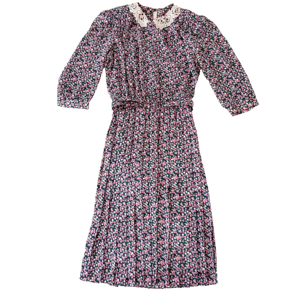 LISA II Dress M Prairie Cottagecore Floral Lace Collar Pleated Blue USA VTG Belt